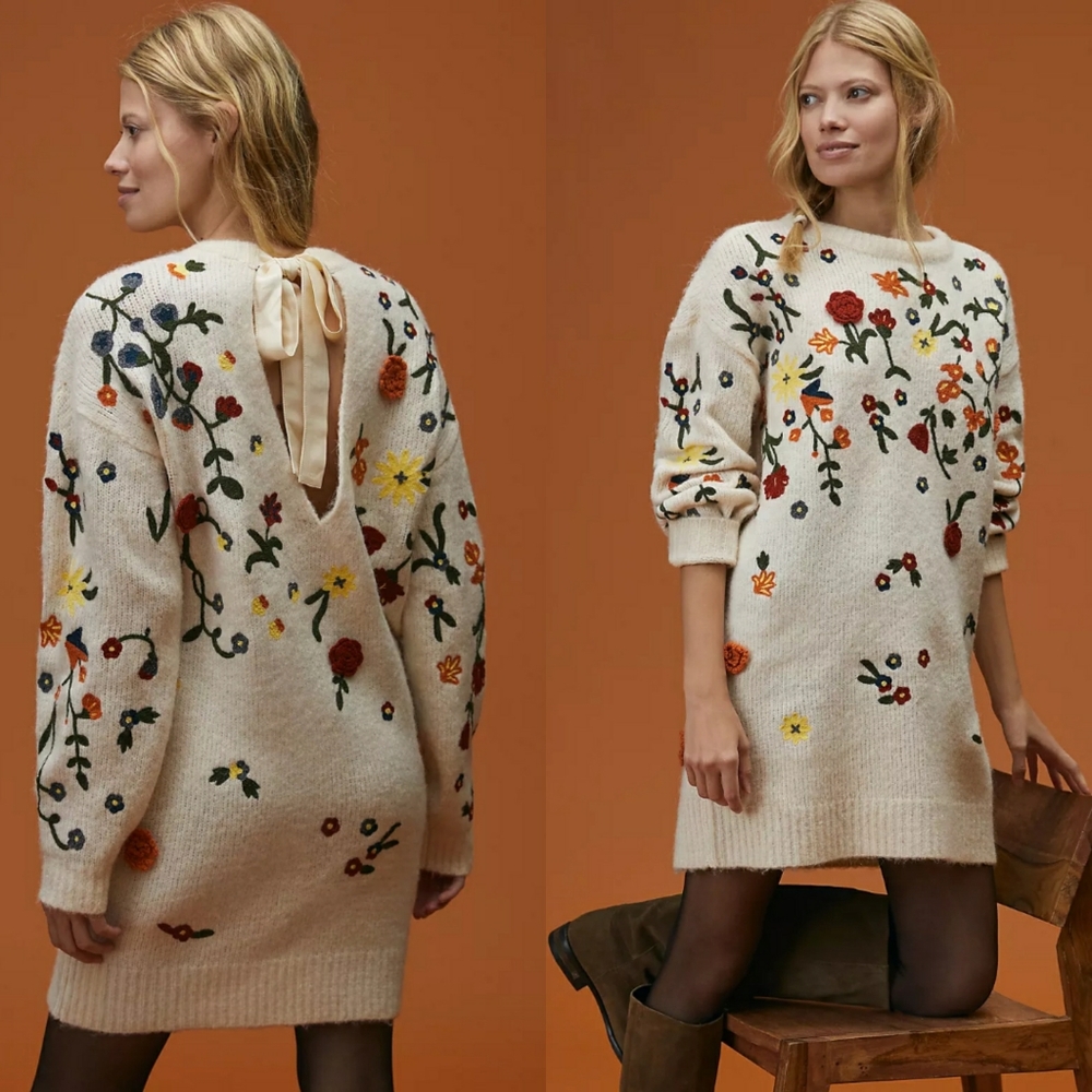 Anthropologie Floral Appliqued Sweater Tunic Dress